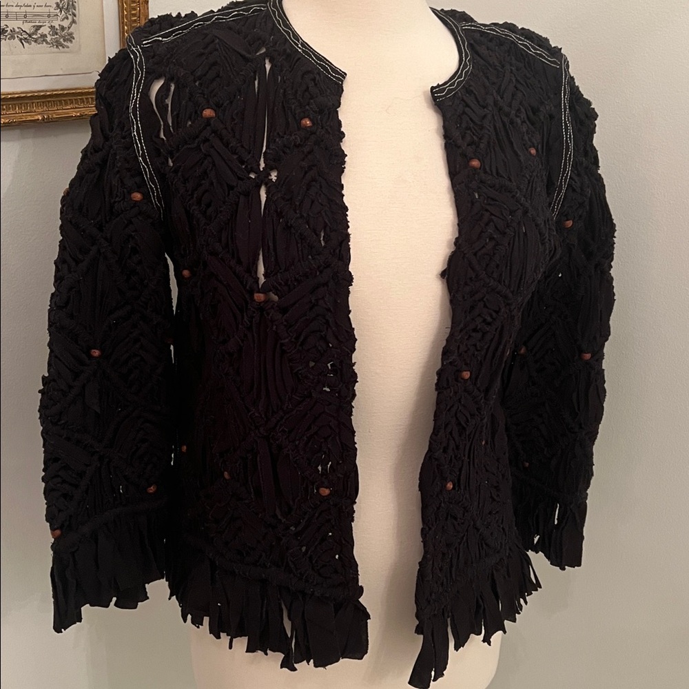 Vintage Free People Black Fringe Crochet Jacket